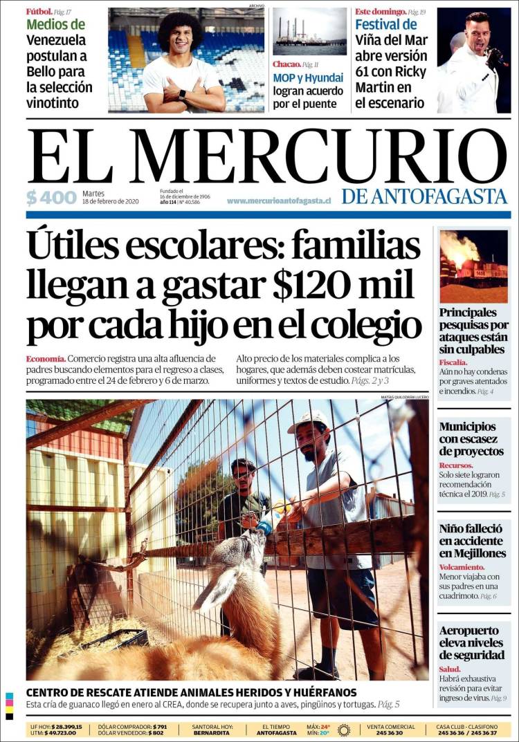 Portada de El Mercurio de Antofagasta (Chile)