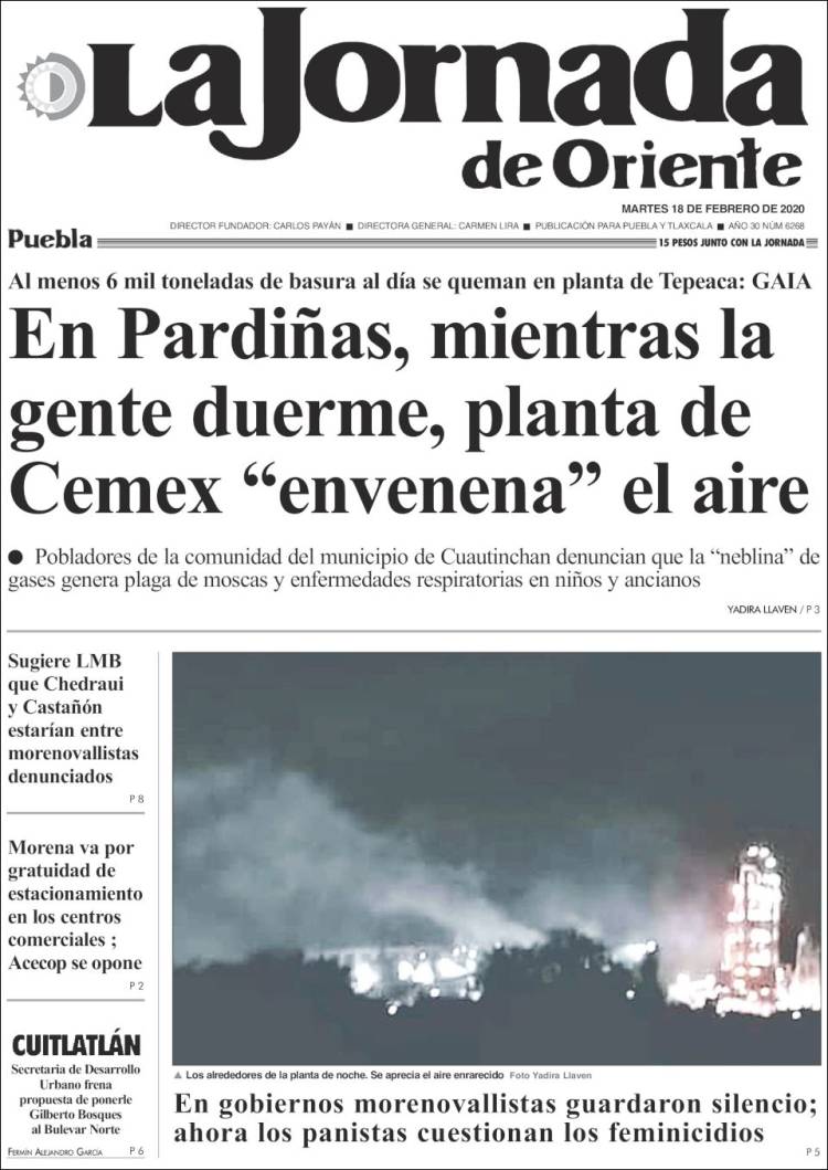 Portada de La Jornada de Oriente - Puebla (México)