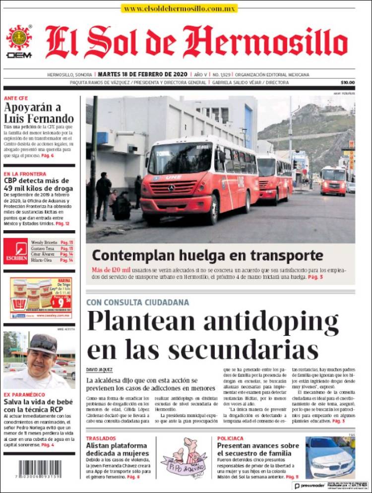 Portada de El Sol de Hermosillo (México)