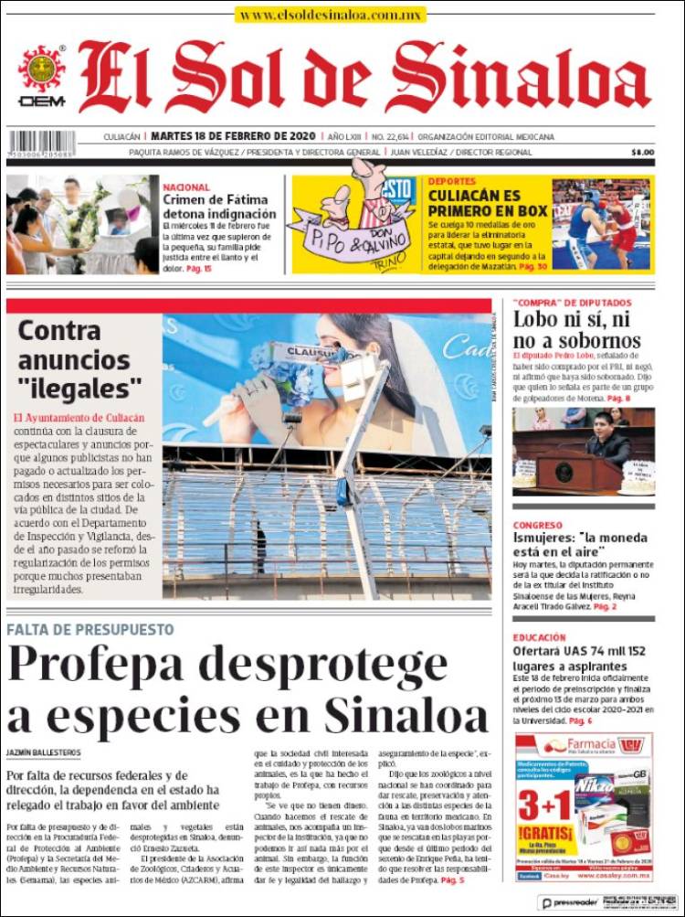 Portada de El Sol de Sinaloa (México)