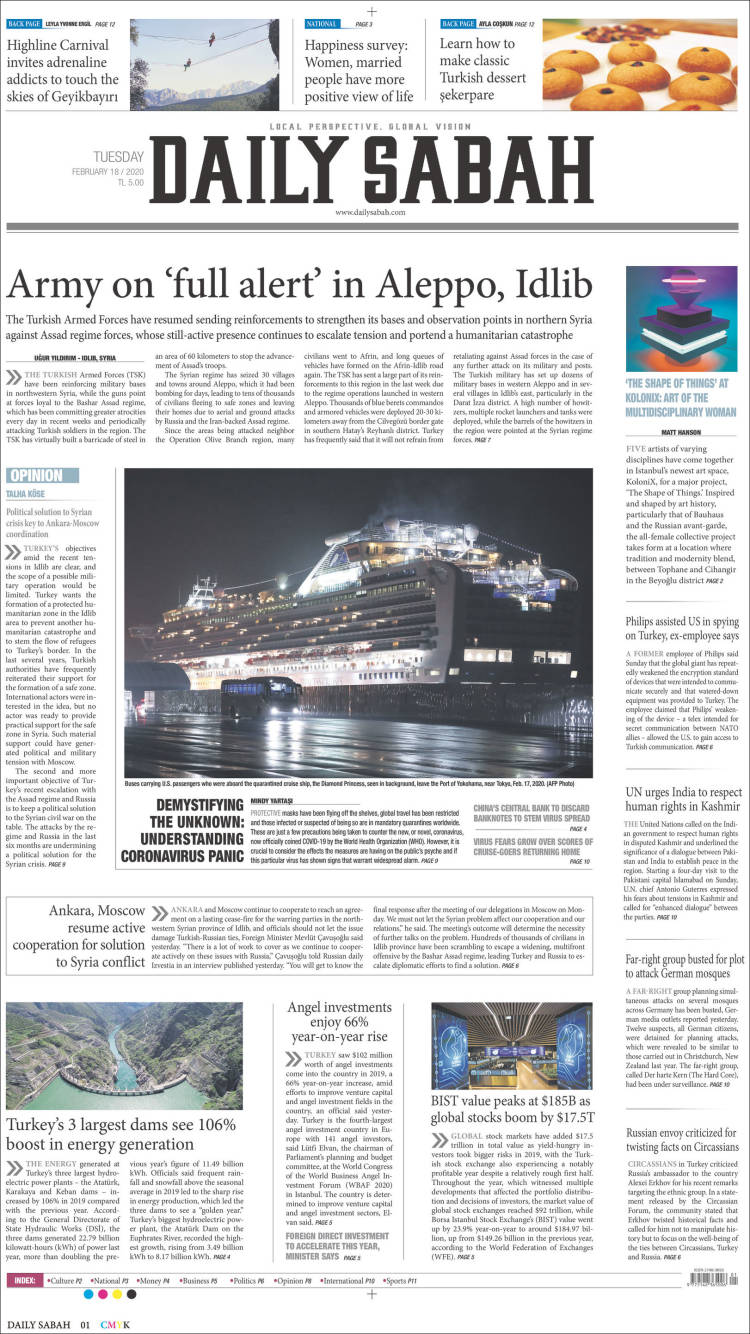 Portada de Daily Sabah (Turqu&iacute;a)