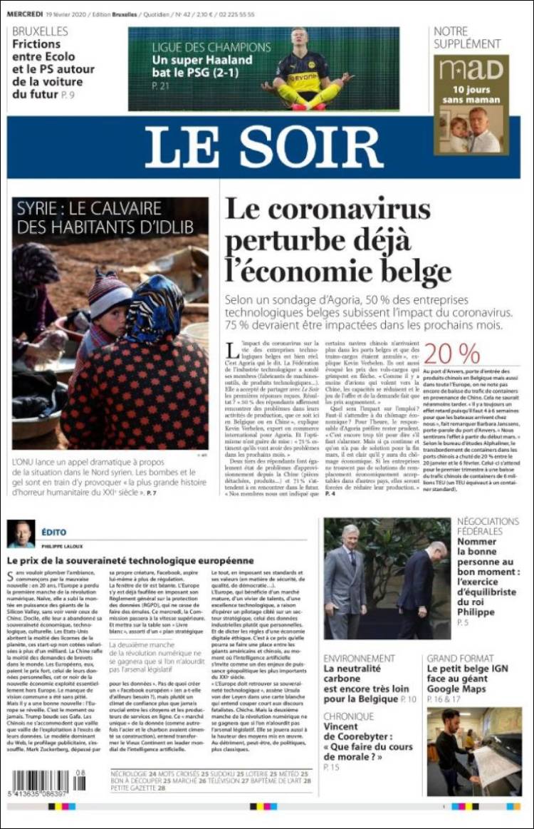 Portada de Le Soir (B&eacute;lgica)