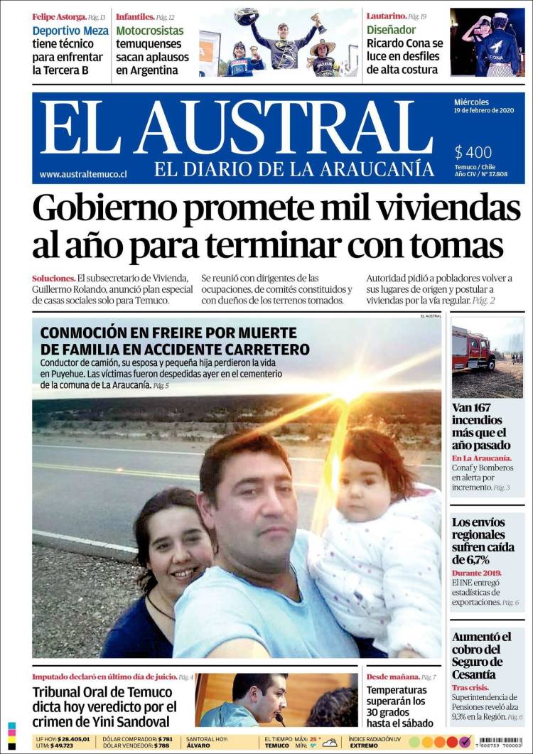 Portada de El Austral de Temuco (Chile)
