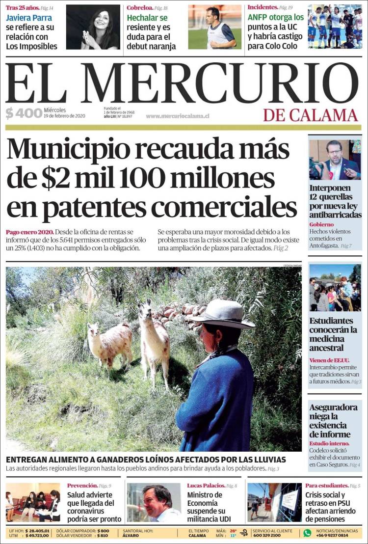Portada de El Mercurio - Calama (Chile)