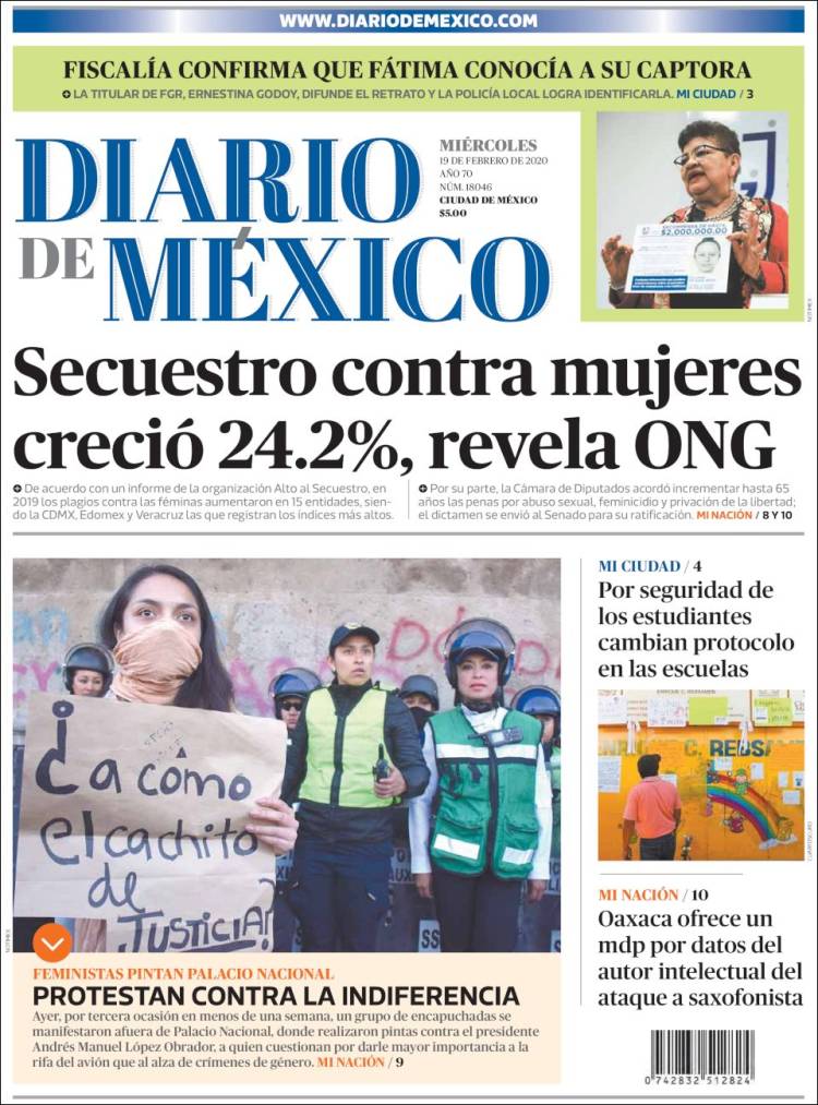 Newspaper Diario de México (Mexico). Newspapers in Mexico. Wednesday's  edition, February 19 of 2020. 