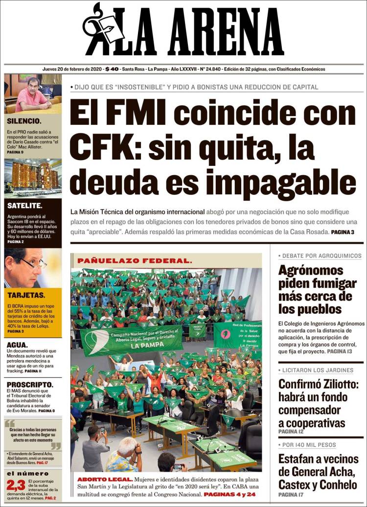 Portada de Diario La Arena (Argentina)