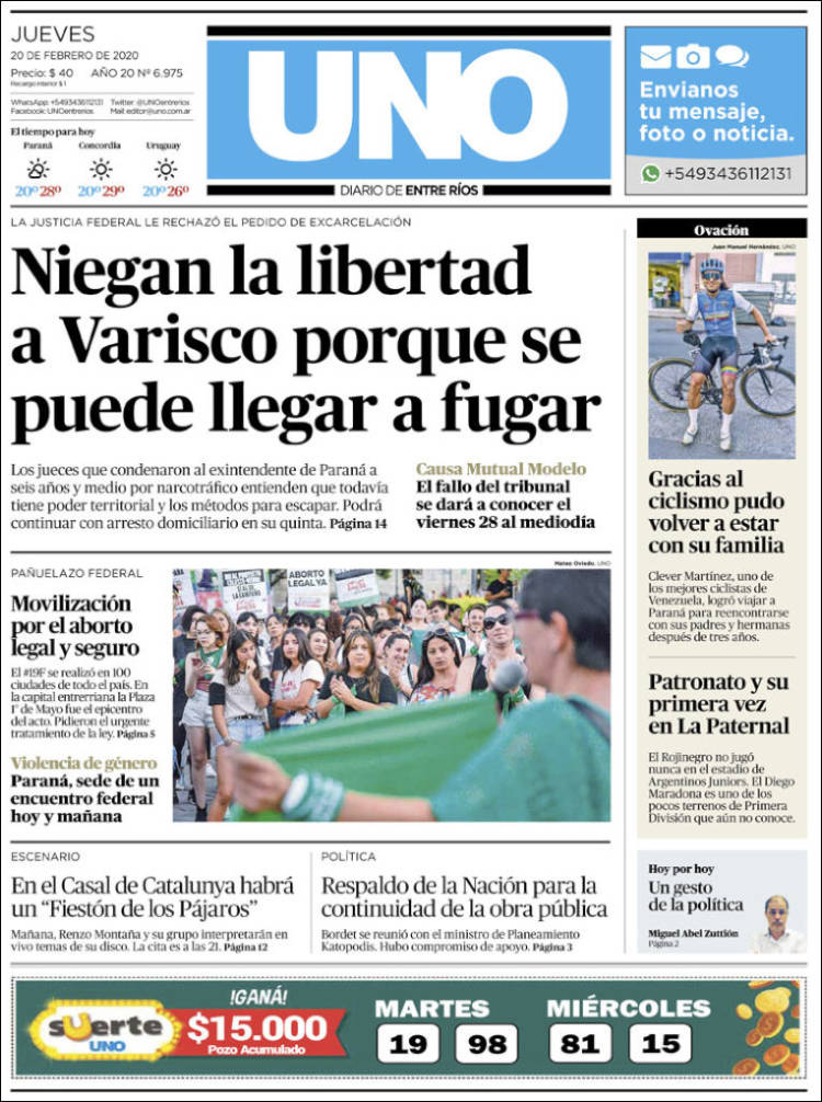 Portada de Diario Uno de Entre Ríos (Argentina)