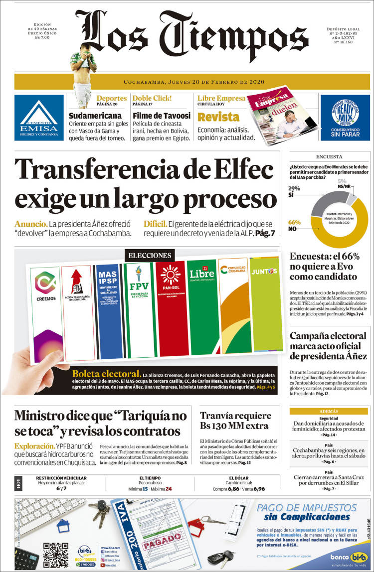 Portada de Los Tiempos (Bolivia)