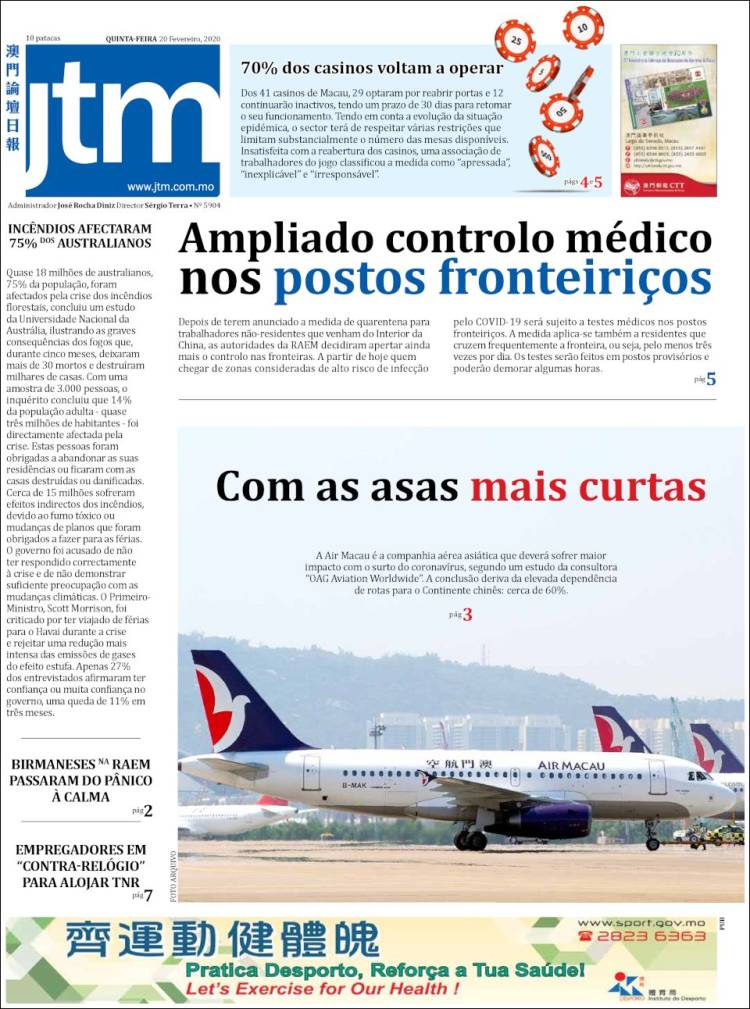 Portada de Jornal Tribuna de Macau (China)