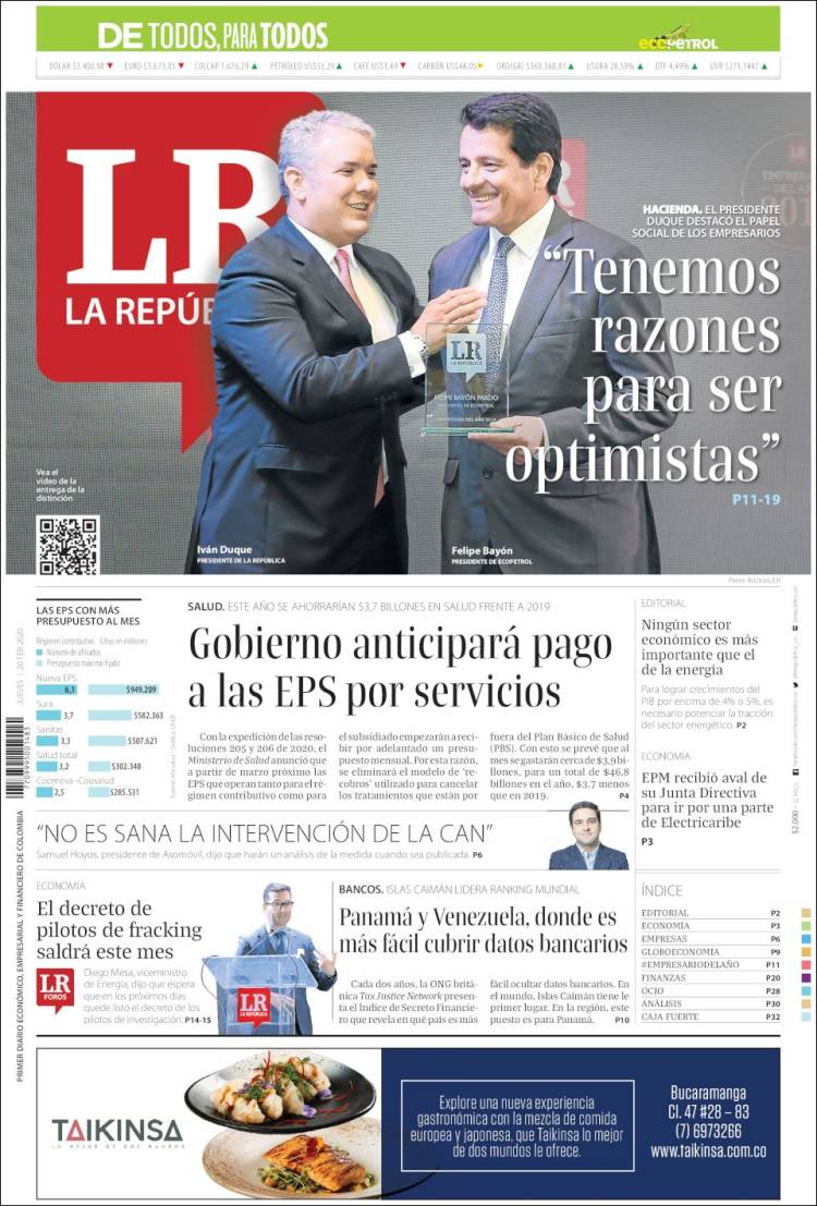 Portada de La Republica (Colombia)