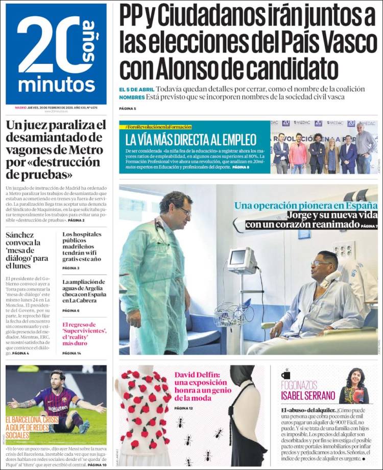 Portada de 20 Minutos - Madrid (Espa&ntilde;a)