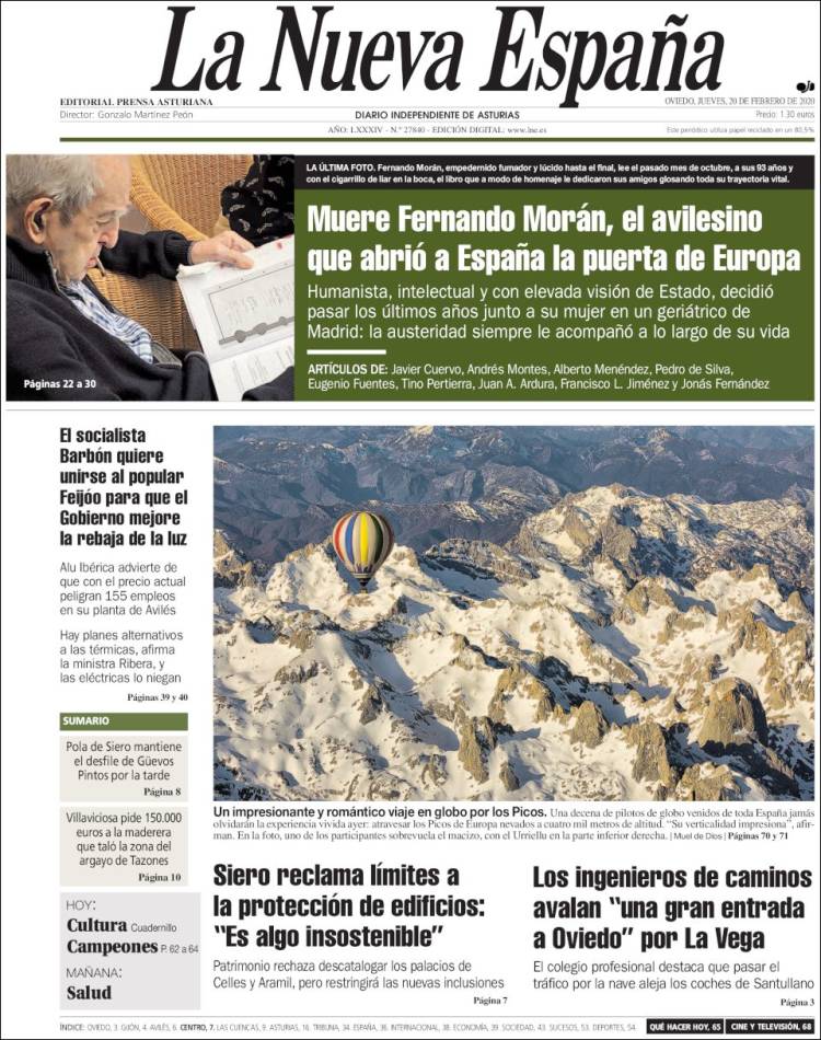 Portada de La Nueva España (Espa&ntilde;a)