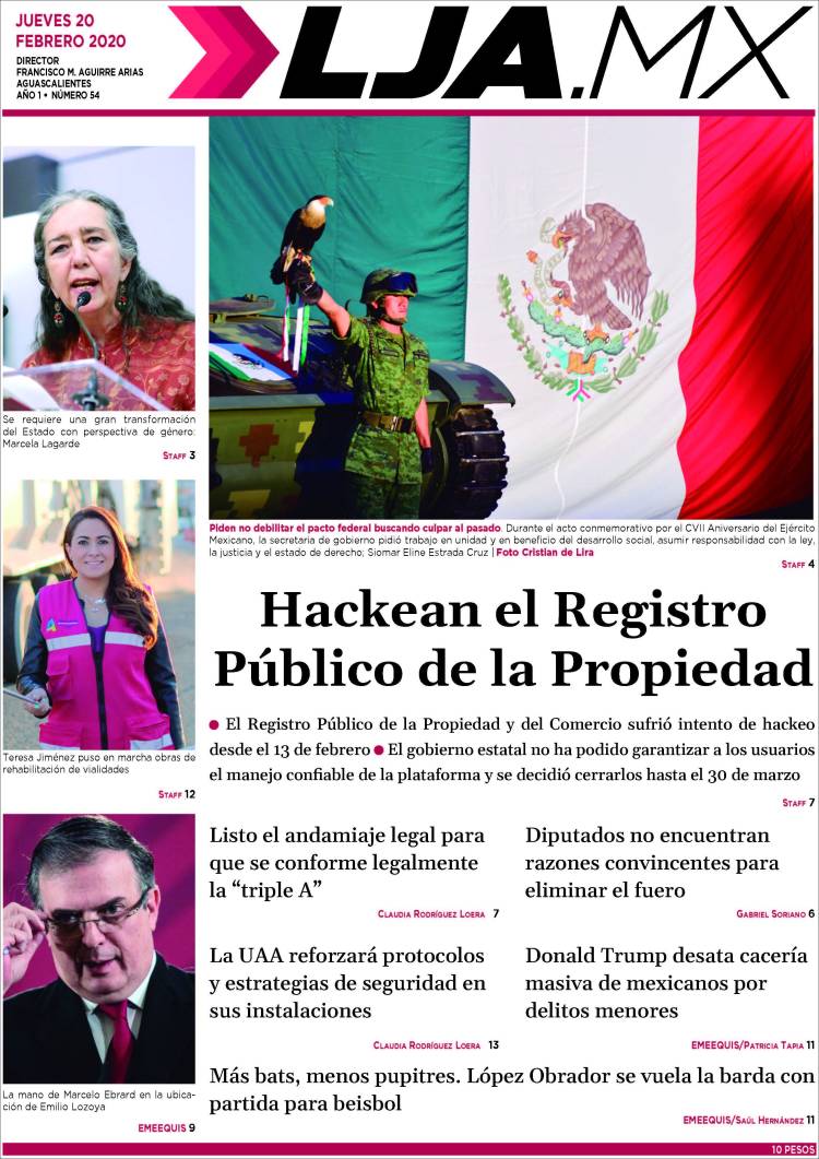 Portada de La Jornada de Aguascalientes (México)