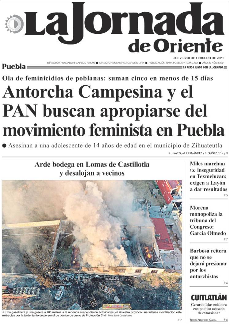 Portada de La Jornada de Oriente - Puebla (México)