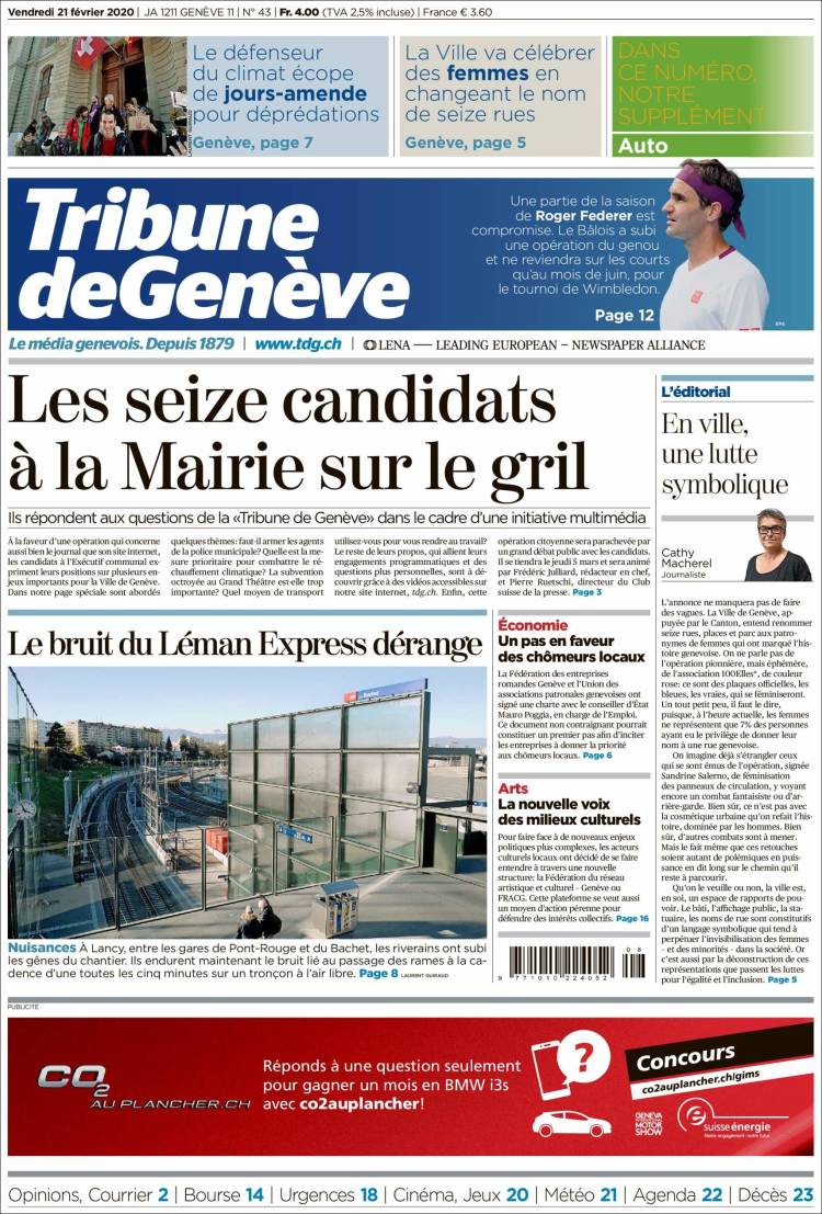 Portada de La Tribune de Genève (Suiza)