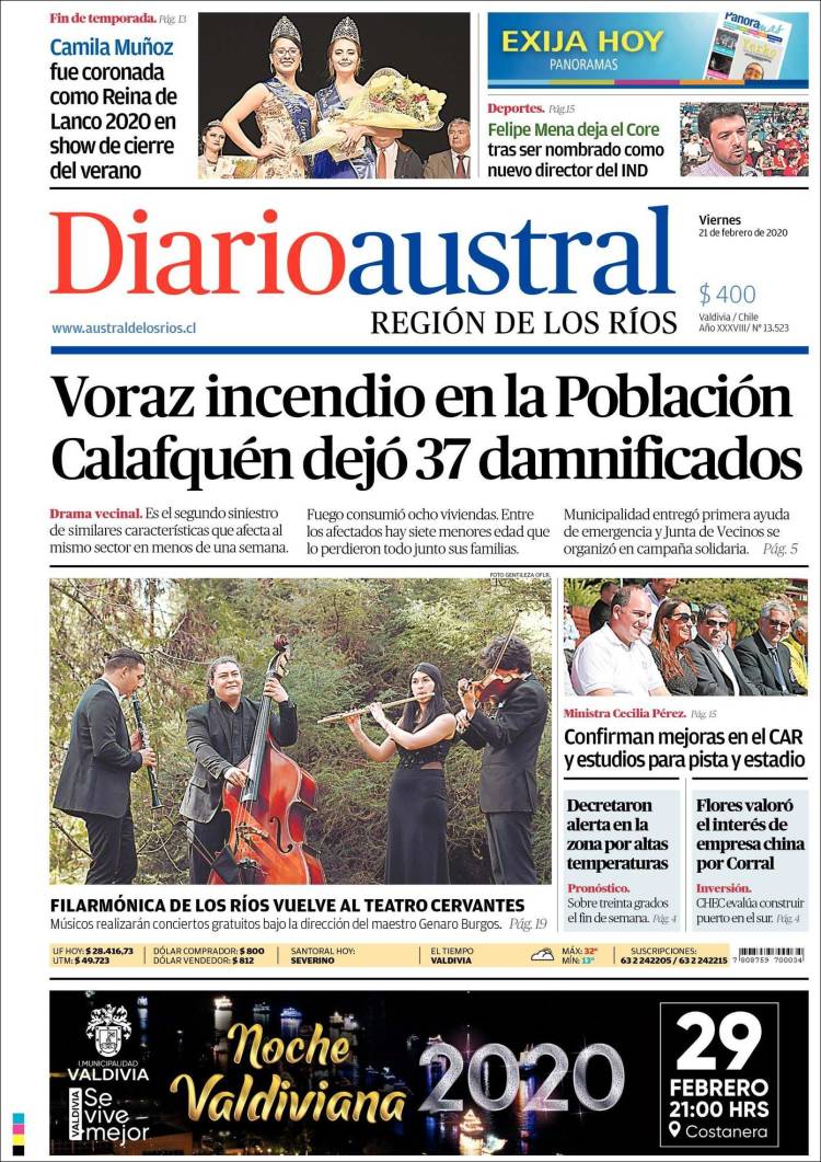Portada de El Diario Austral de Valdivia (Chile)