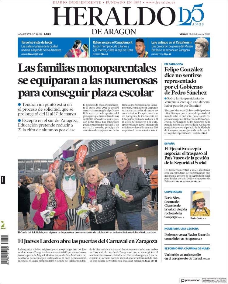 Portada de Heraldo de Aragón (Espa&ntilde;a)