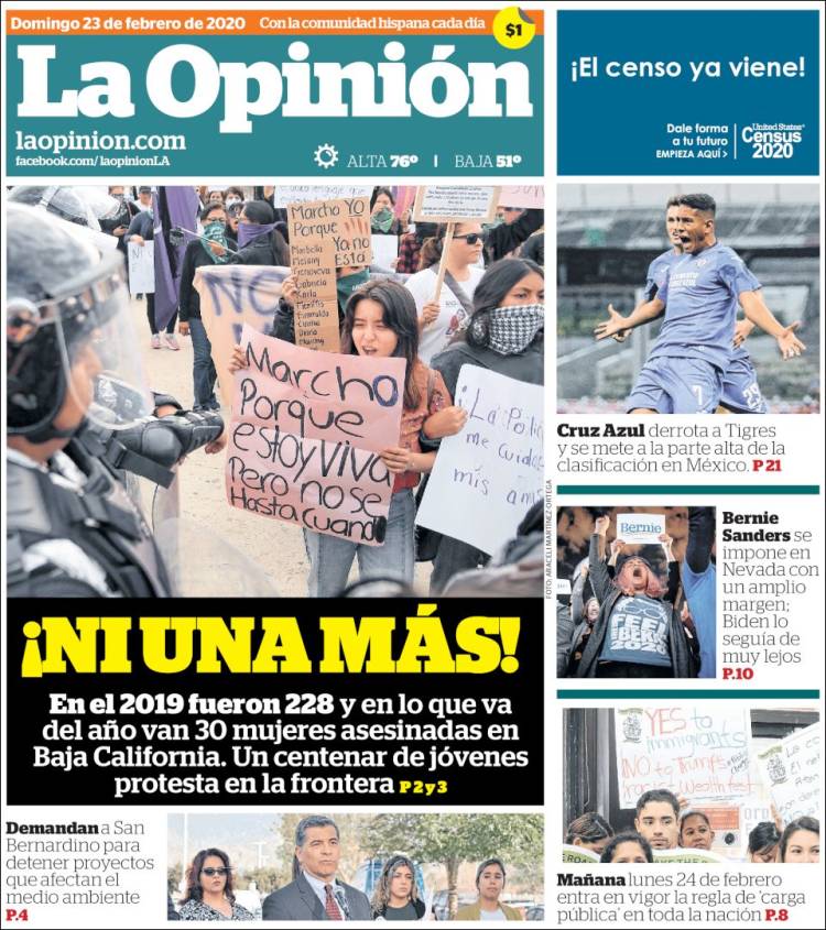 Portada de La Opinión (USA)