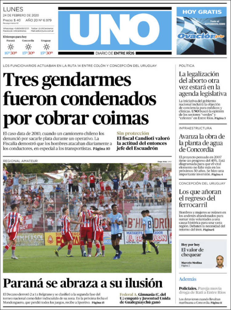 Portada de Diario Uno de Entre Ríos (Argentina)