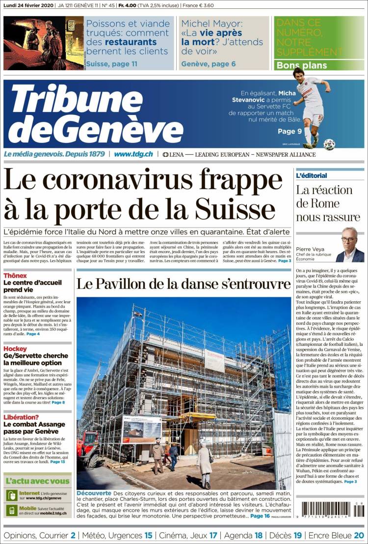 Portada de La Tribune de Genève (Suiza)