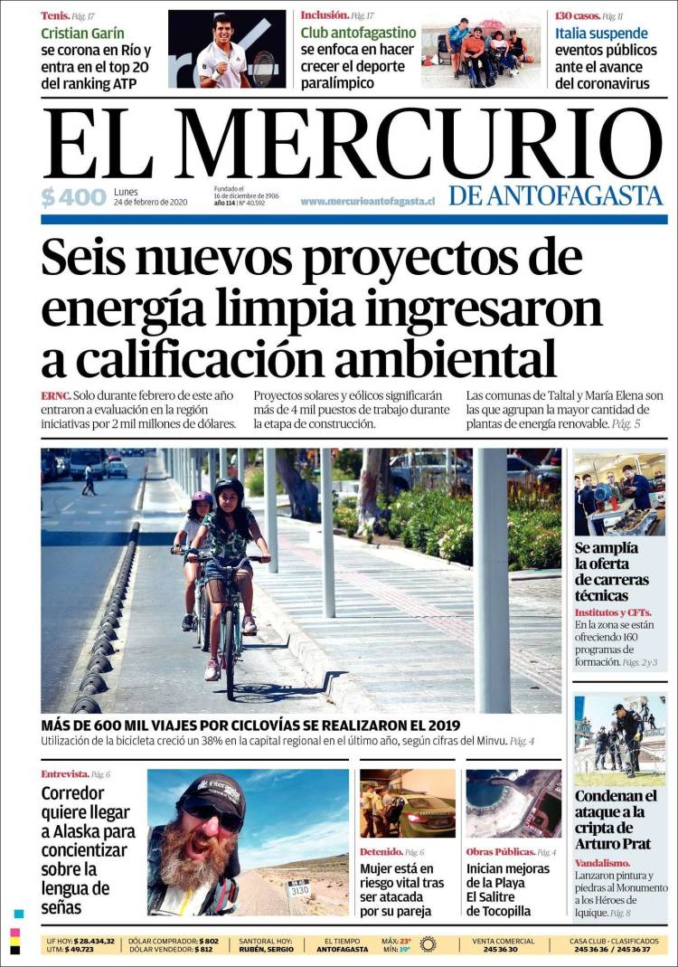 Portada de El Mercurio de Antofagasta (Chile)
