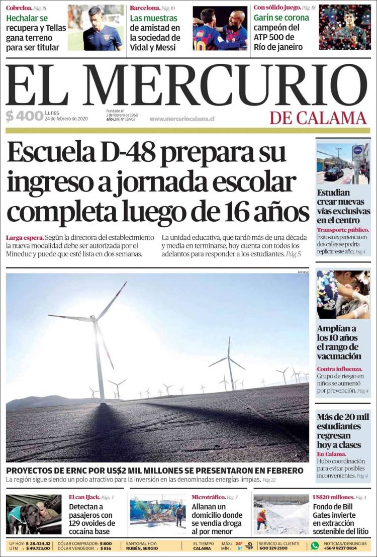 Portada de El Mercurio - Calama (Chile)