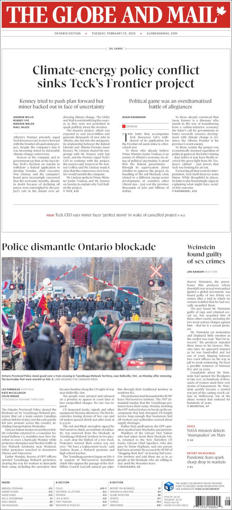 Portada de The Globe and Mail (Canada)