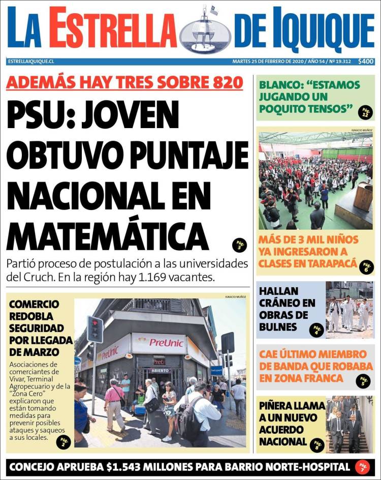 Portada de La Estrella de Iquique (Chile)