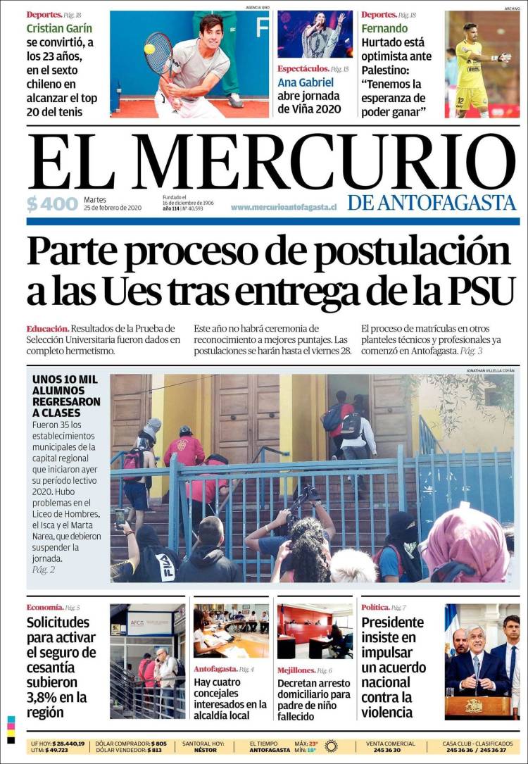 Portada de El Mercurio de Antofagasta (Chile)