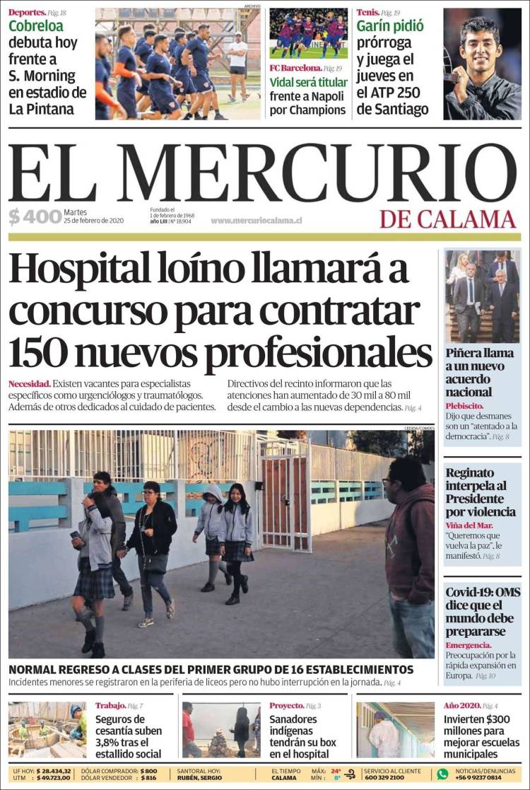 Portada de El Mercurio - Calama (Chile)