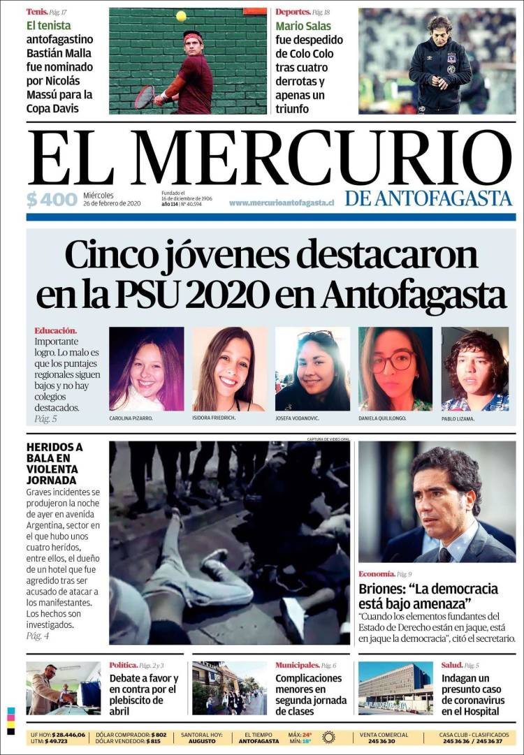 Portada de El Mercurio de Antofagasta (Chile)