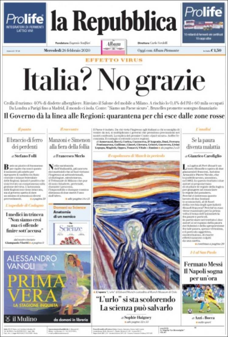 Portada de La Repubblica (Italia)