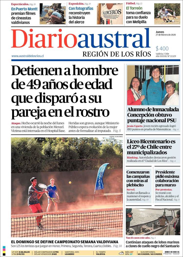 Portada de El Diario Austral de Valdivia (Chile)