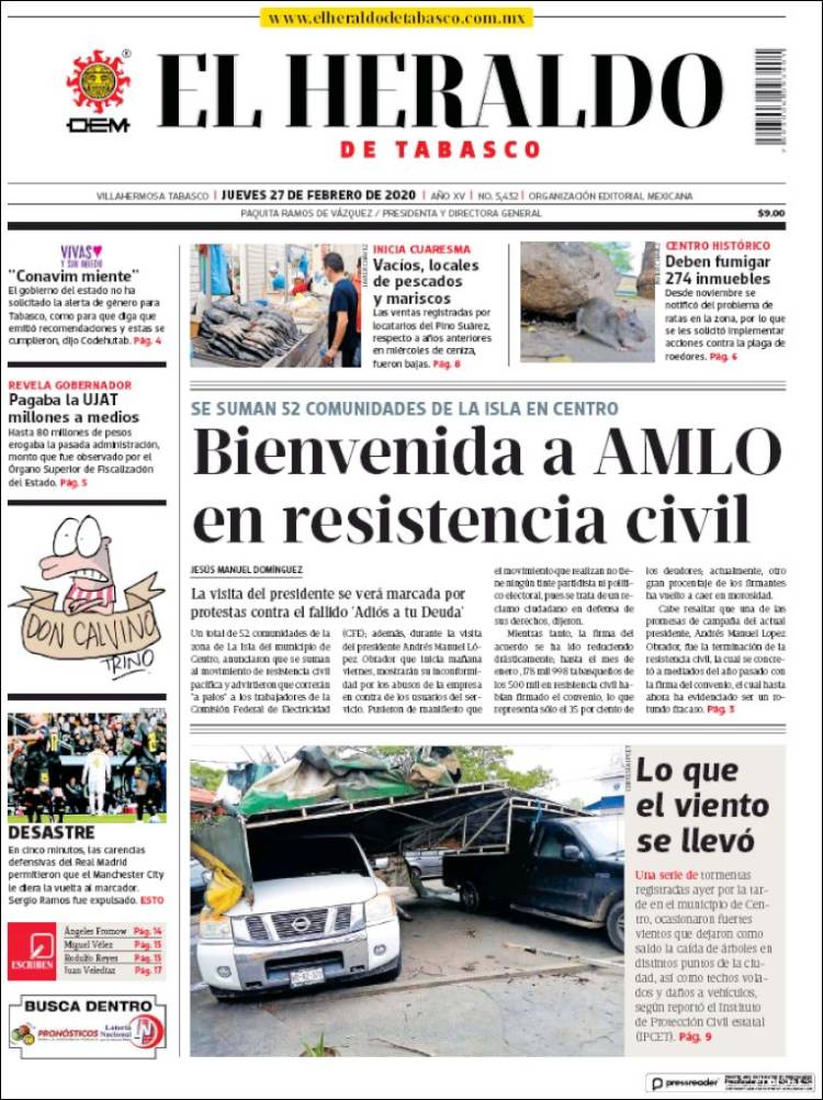 Portada de El Heraldo de Tabasco (México)