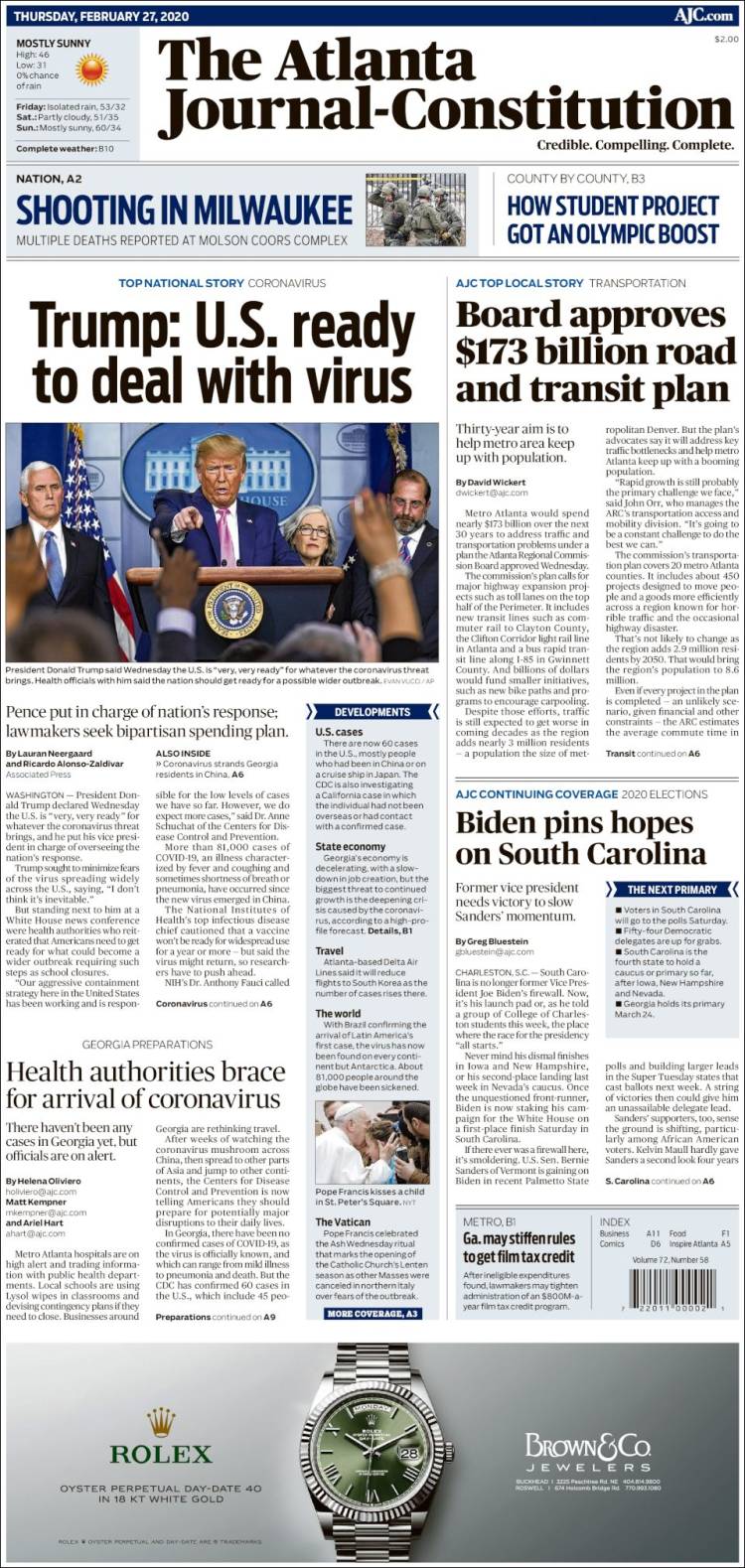 Portada de The Atlanta Journal-Constitution (USA)