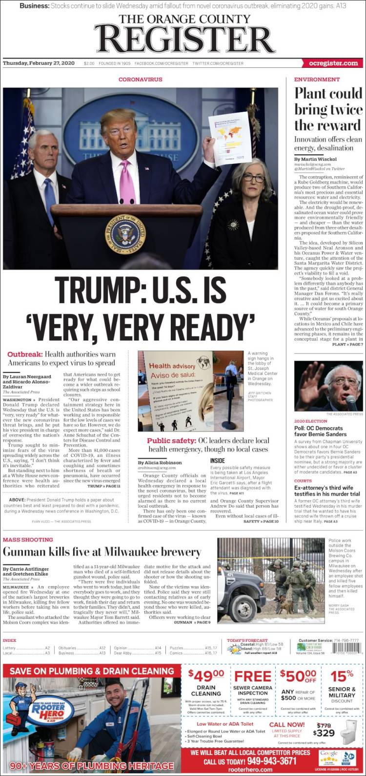 Portada de The Orange County Register (USA)