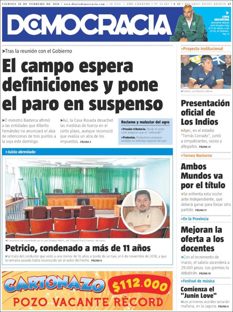 Portada de Diario Democracia (Argentina)