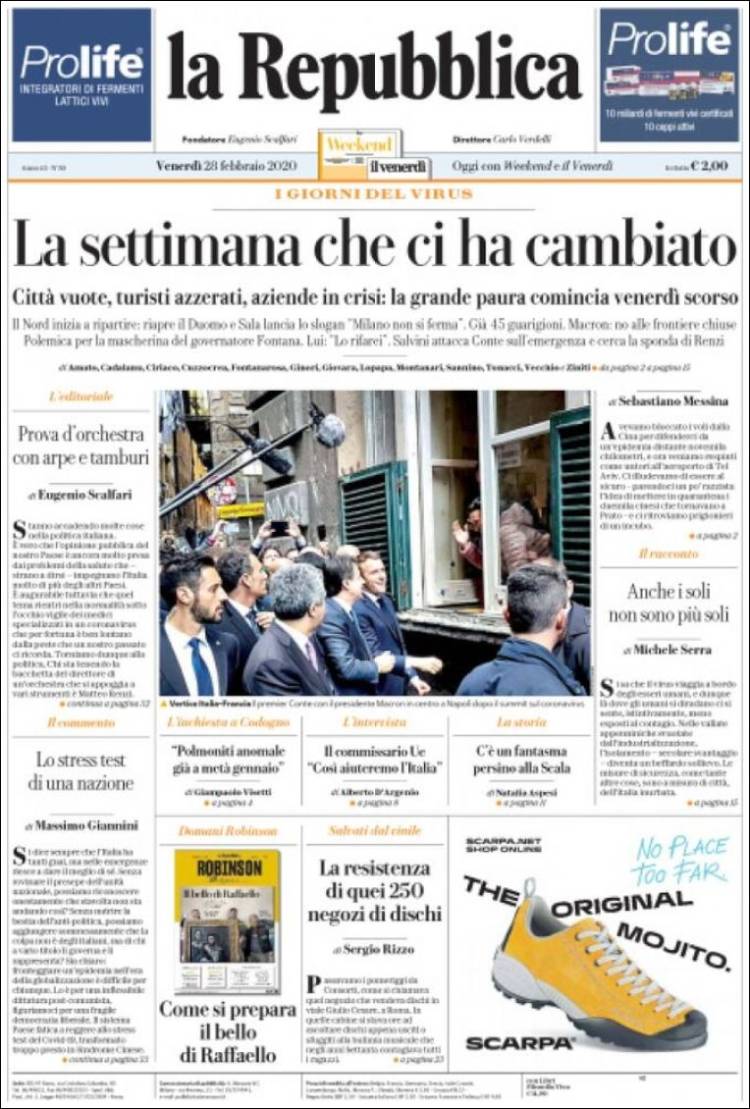 Portada de La Repubblica (Italia)