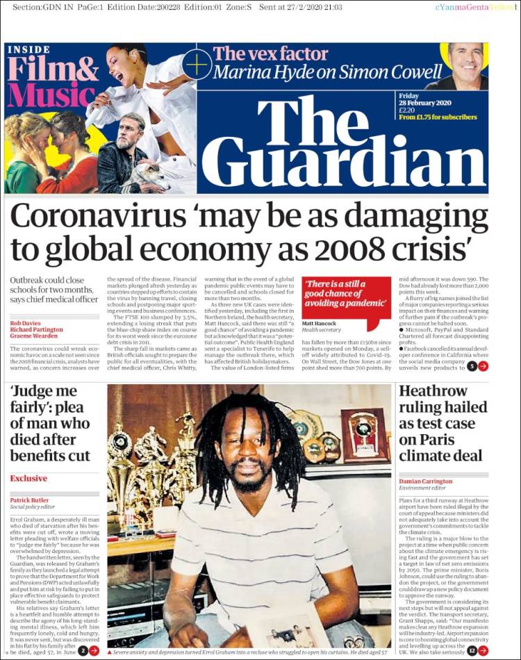 Portada de The Guardian (Royaume-Uni)