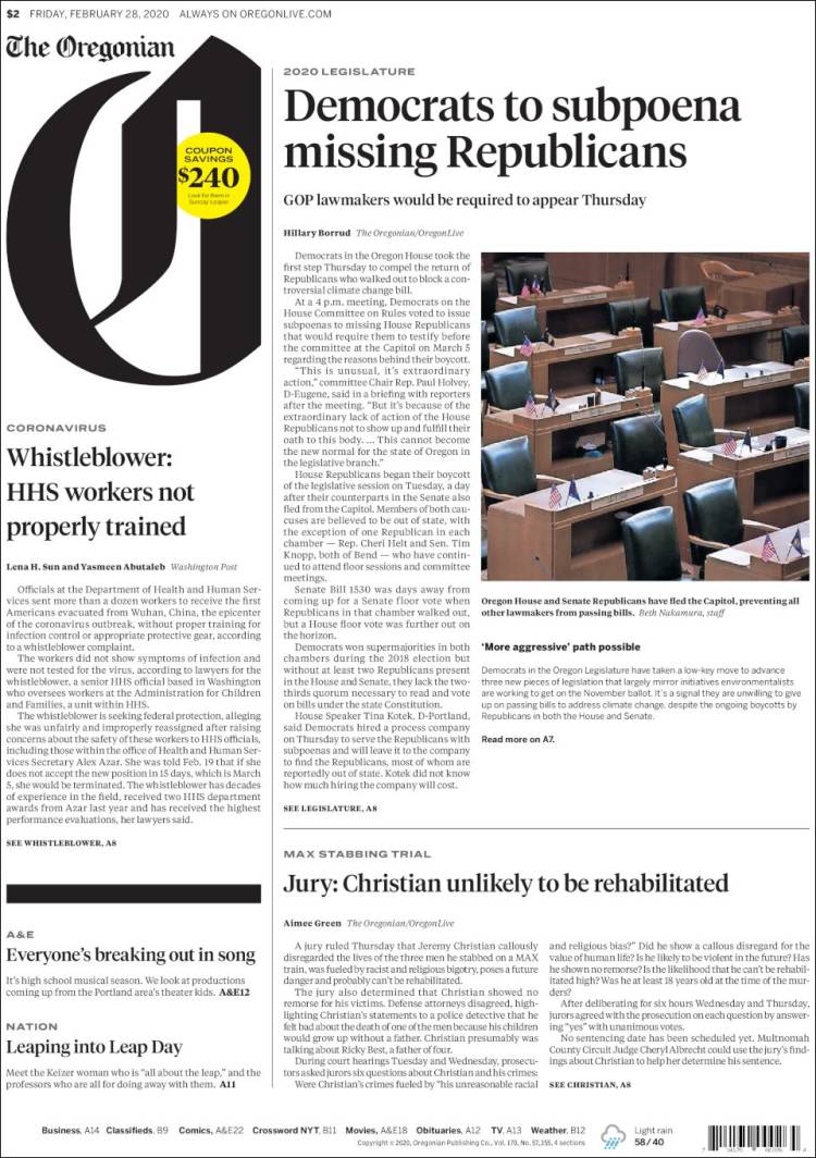 Portada de The Oregonian (USA)