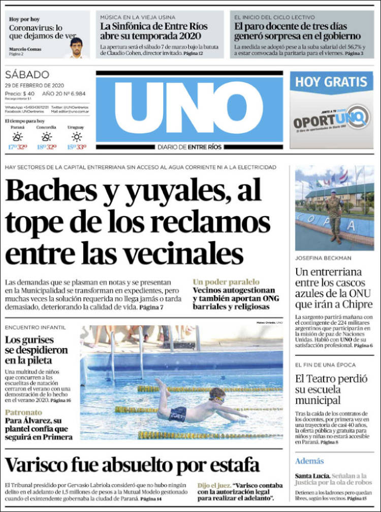 Portada de Diario Uno de Entre Ríos (Argentina)