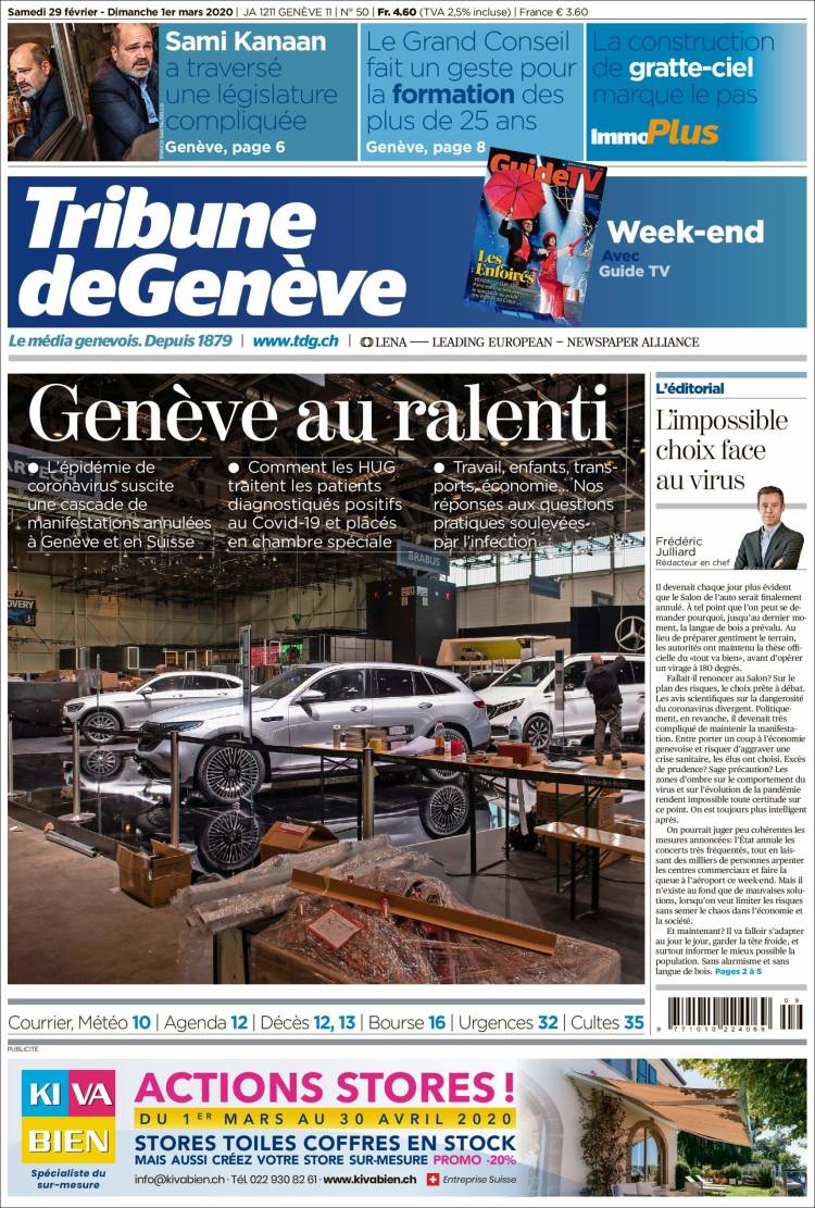 Portada de La Tribune de Genève (Suiza)