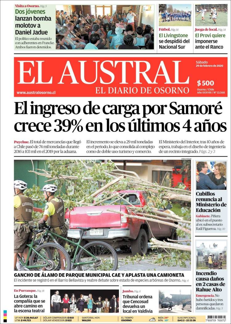 Portada de El Austral de Osorno (Chile)