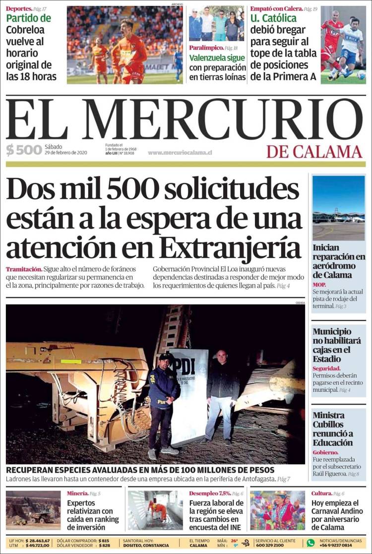 Portada de El Mercurio - Calama (Chile)
