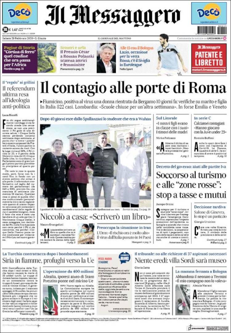 Portada de Il Messaggero (Italia)
