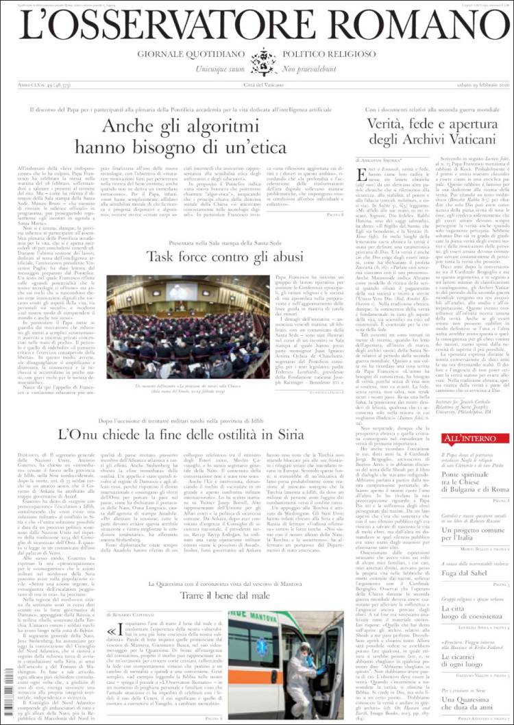Portada de L'Osservatore Romano (Italia)