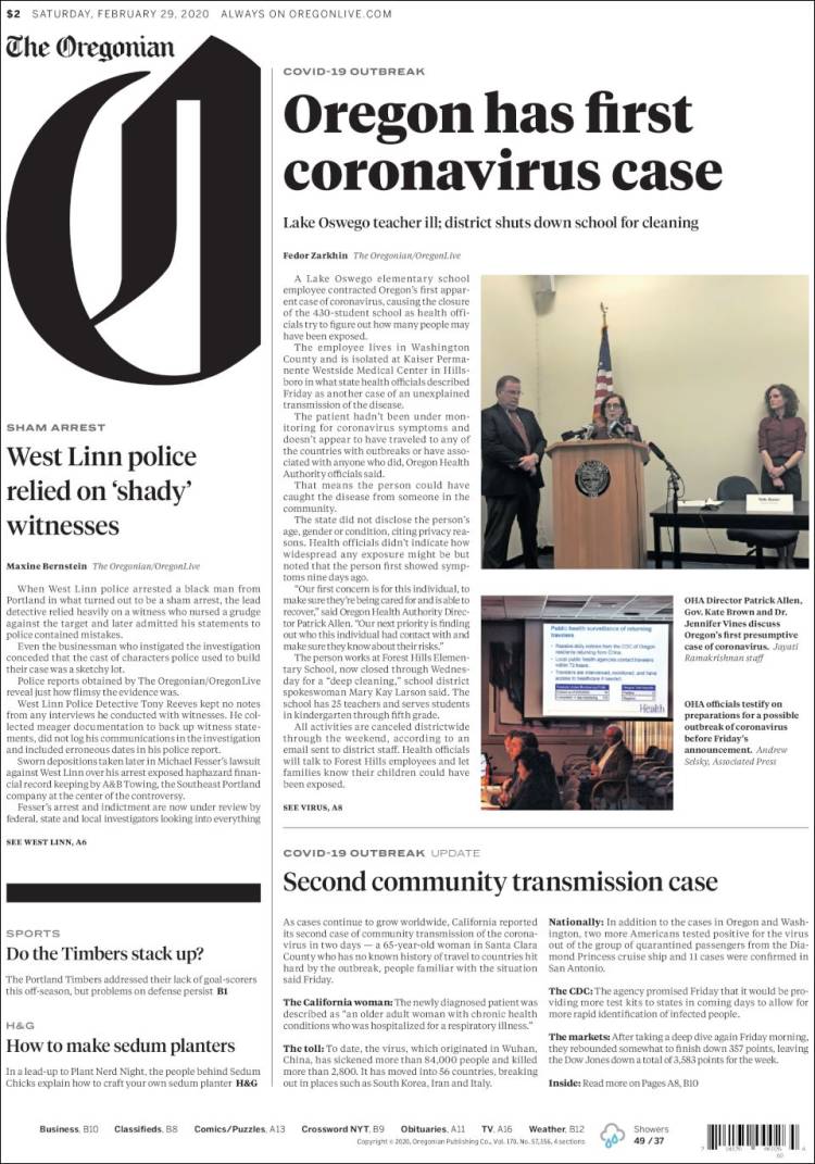 Portada de The Oregonian (USA)