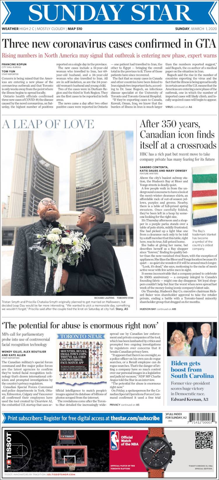 Portada de The Toronto Star (Canada)