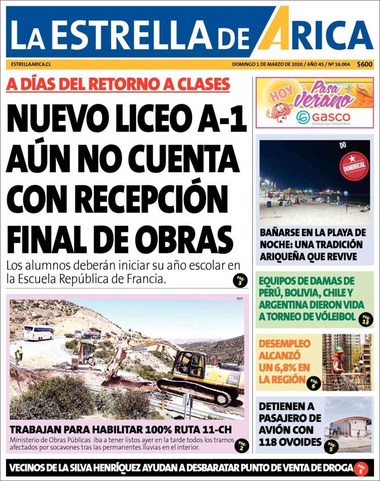 Portada de La Estrella de Arica (Chile)