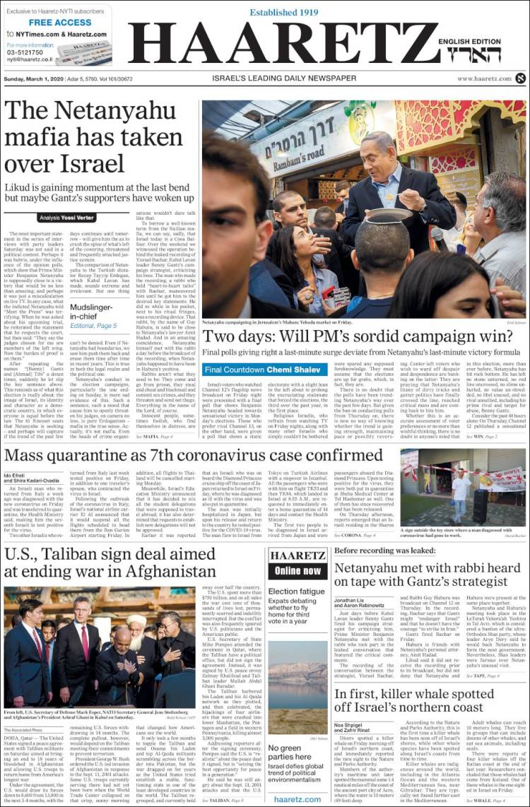 Portada de Haaretz (Israel)